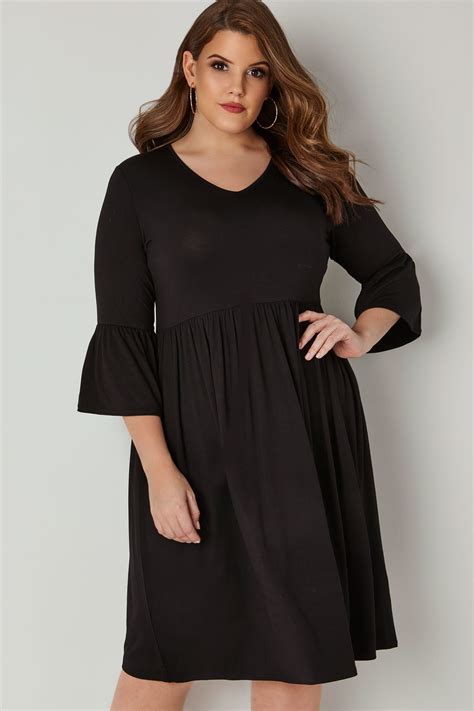 limited collection black jersey dress with flute sleeves plus size 16 to 36