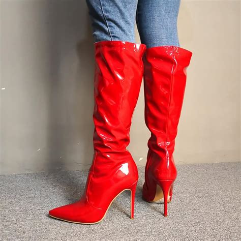 Womens Handmade Real Photos High Heel Boots Red Patent Leather Pointed