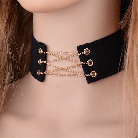 glamorous black velvet choker  gold chains sexy statement necklace link chain lace