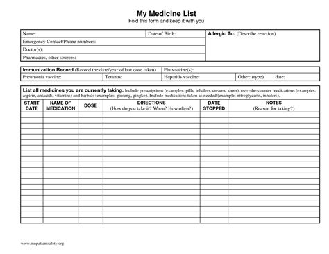 images   printable medication list forms printable medication list template