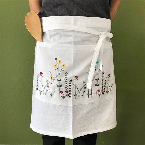 embroidered cotton apron  pocket white apron  etsy embroidery aprons embroidered apron