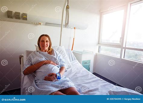 Smiling Pregnant Woman Lay In Hospital Bed Stock Image Image Of