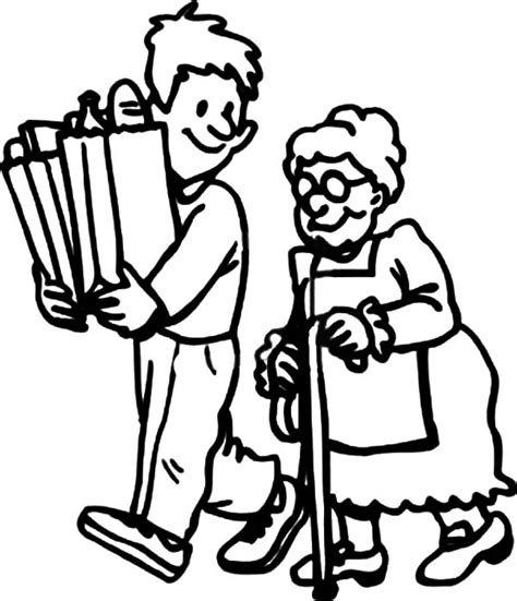 helping   carrying elderly groceries stuff coloring pages