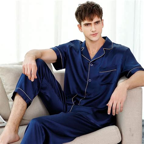 buy fashion  genuine silk pajamas sets men short sleeves sexy silk pajamas
