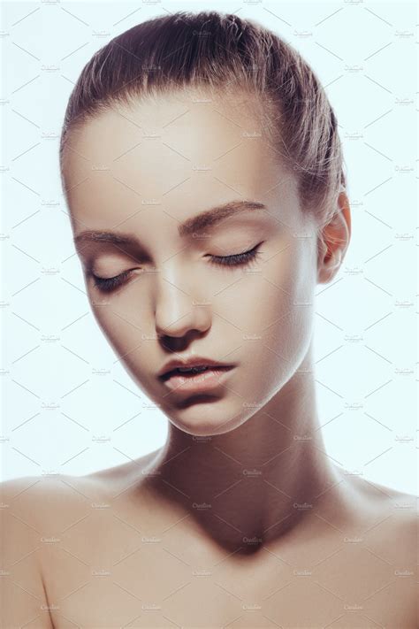 Front Portrait Of Beautiful Face With Beautiful Closed Eyes Isolated