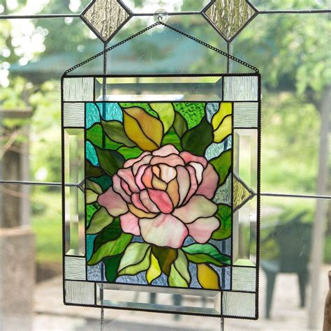 pink peony stained glass window hanging panel for home decor