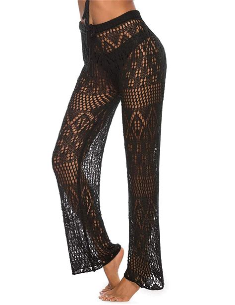 womens crochet coverup pants sexy black mesh beach wear