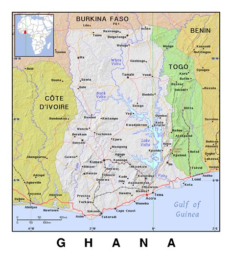 detailed political map  ghana  relief ghana africa mapsland