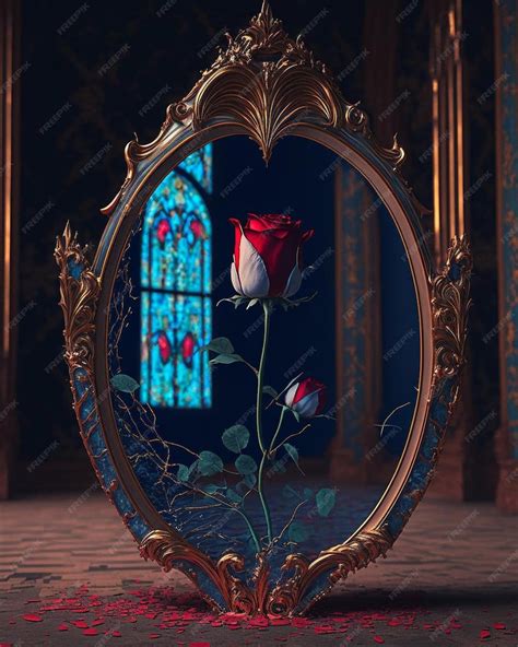 ein spiegel mit einer rose darauf auf der die schoene und das biest
