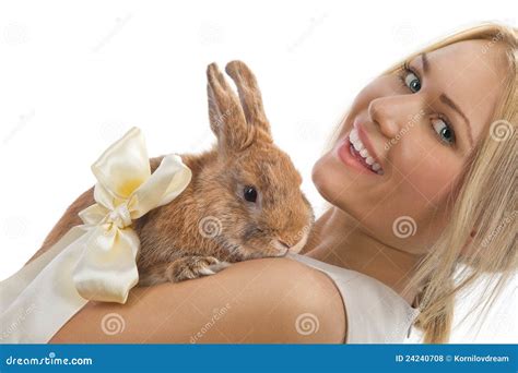 pretty girl   rabbit stock photo image  caucasian