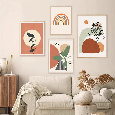 modern abstract boho style leaves geometric canvas painting poster print wall art picture