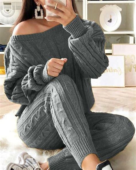 Solid Ribbed Knitting Casual Sweater And Pants Sets Top Pants Set Long