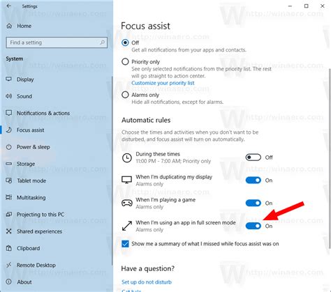 automatically turn on focus assist for full screen apps in windows 10