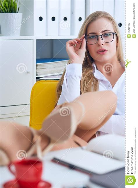 Office Flirt Attractive Woman Flirting Over Desk With