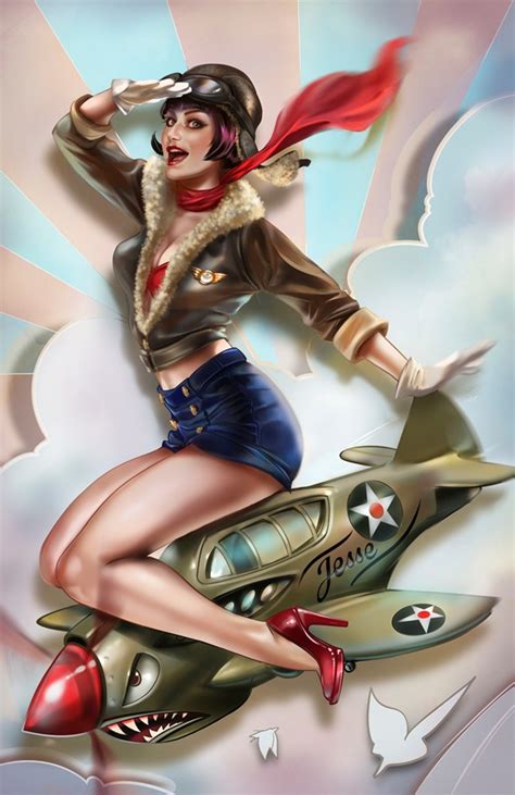 Retro Pin Up Girl Astride World War Two Fighter Plane
