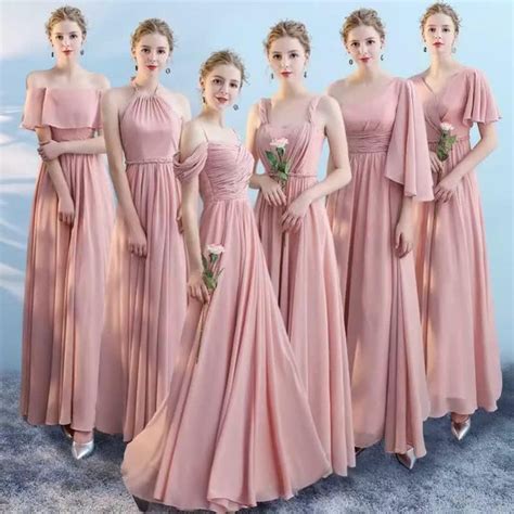 pink sleeveless   ruffles chiffon long bridesmaid dresses gaun pengiring pengantin model