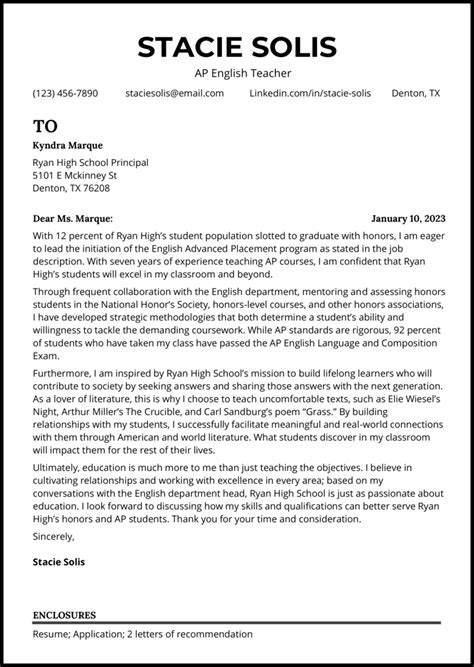 teacher cover letter examples templates
