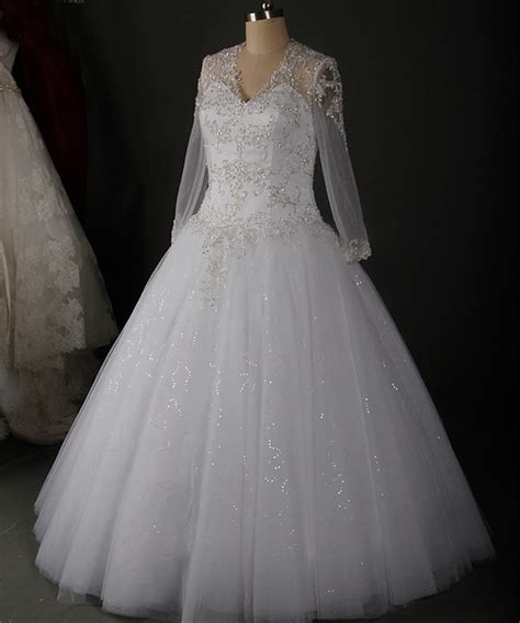 Ball Gown V Neck Keyhole Back Long Sleeve Tulle Lace