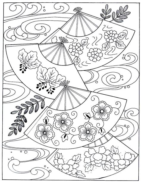 japanese fans  waves japanese coloring book printable page adult