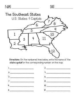 southeast states  capitals quiz printable   printable