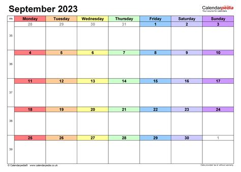 calendar september  uk  excel word   templates
