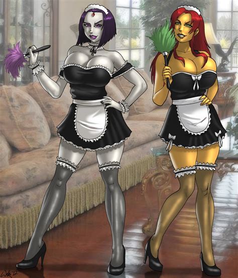 slutty cosplay maids starfire and raven lesbian lovers superheroes pictures pictures