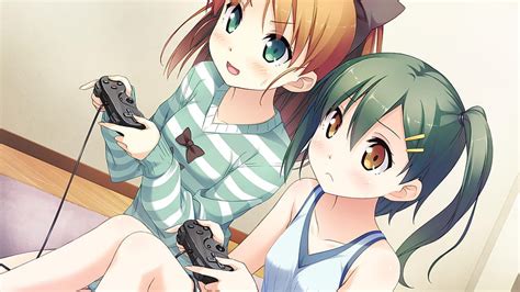 two girls anime play video games anime playing games hd wallpaper