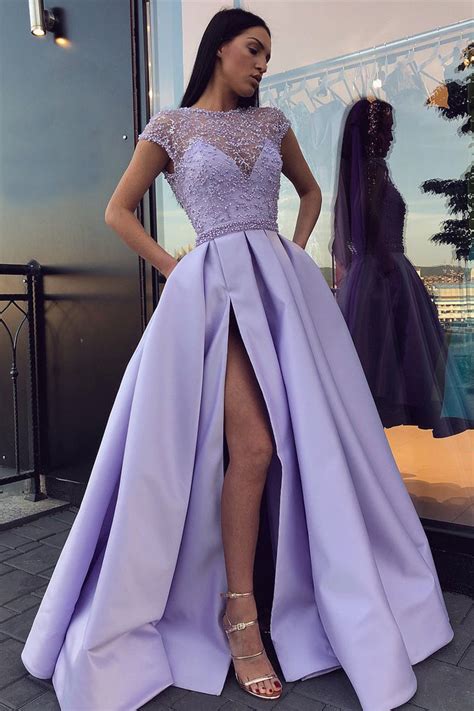 buy lilac long prom dresses with beading cap sleeves slit evening