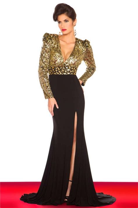 Sexy V Neck Long Sleeve Gold Sequin Black Chiffon Evening Prom Dress