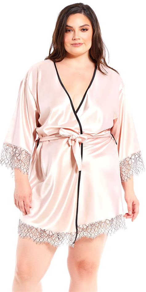 Plus Size Apricot Satin And Floral Lace Robe Sexy Women S Loungewear