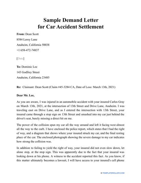 sample demand letter  car accident settlement  printable