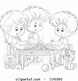 Children Clipart Royalty Coloring Pages Lineart Checkers Watching Cat Play Table Group Bannykh Alex Illustrations sketch template