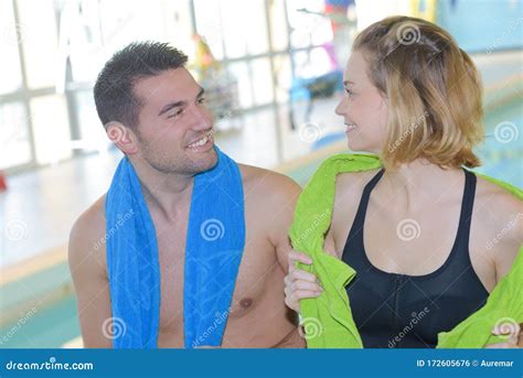portrait couple  swimming towel stock photo image  couple