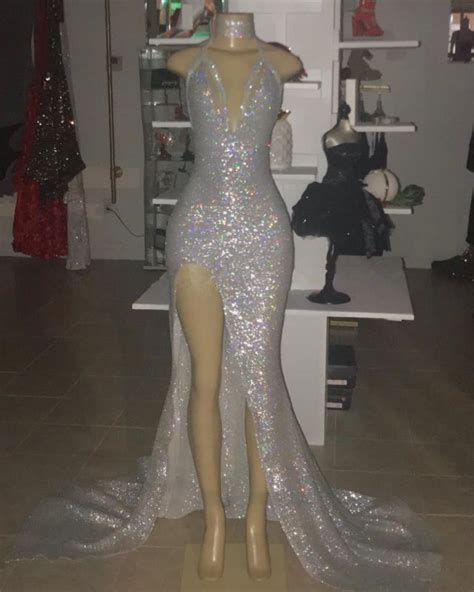 halter v neck silver sequins prom dress on mannequins sleeveless sexy