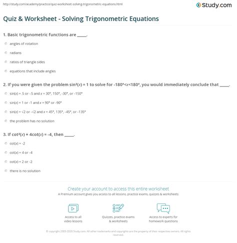 quiz worksheet solving trigonometric equations studycom