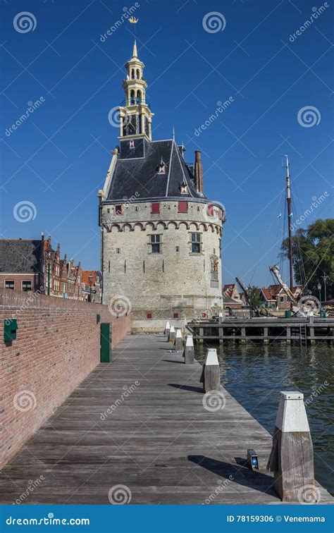 historical tower hoofdtoren   harbor  hoorn stock photo image  noordholland