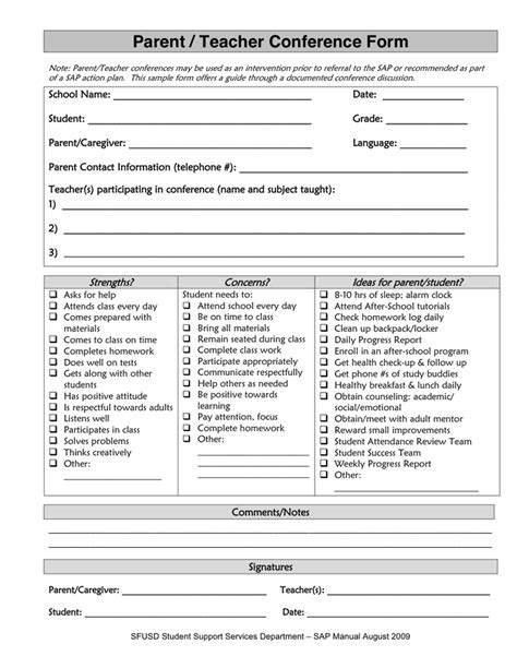 parent teacher conference form  word   formats
