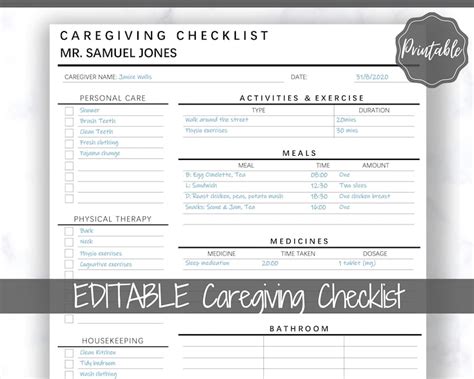caregiving elderly care checklist editable printable  ideal etsy