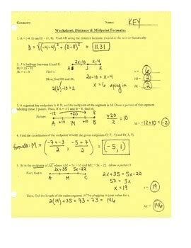 midpointdistance formulas segment addition worksheet  answer key