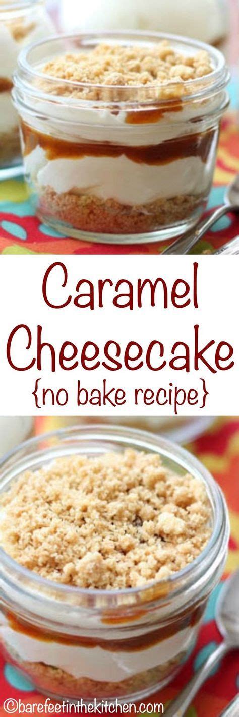{no bake} caramel cheesecake is layered into jars to make