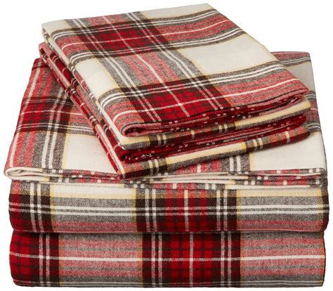amazoncom pinzon plaid flannel bed sheet set full cream  red