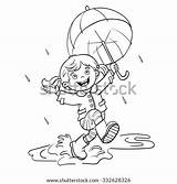 Rain Coloring Cartoon Girl Umbrella Outline Joyful Jumping Shutterstock Vector Stock Preview sketch template