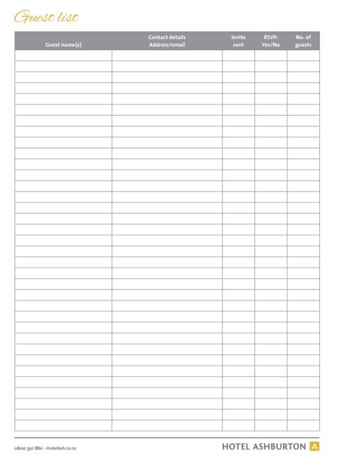 guest list template  word templates