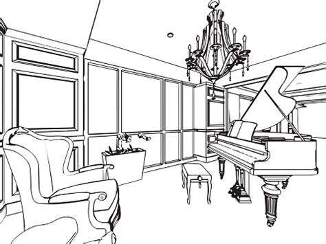 outline sketch drawing interior perspective  house stock illustration