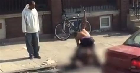 horrifying footage shows shirtless man viciously beating woman in