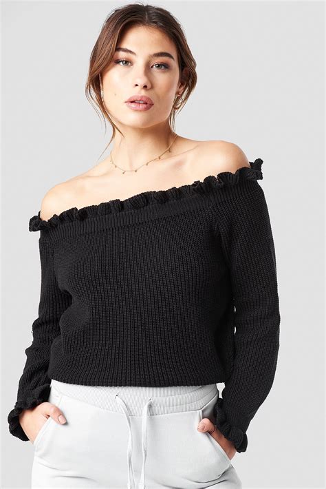 Ruffle Off Shoulder Knitted Sweater Black Na Kd