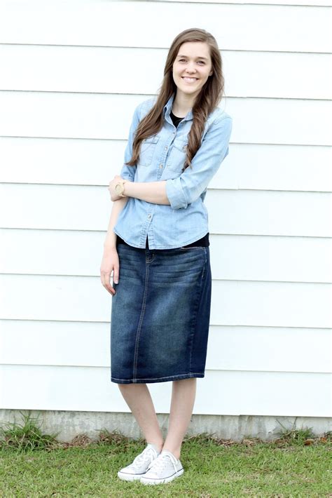 Modest Outfit Idea Chambray Shirt Denim Skirt Converse