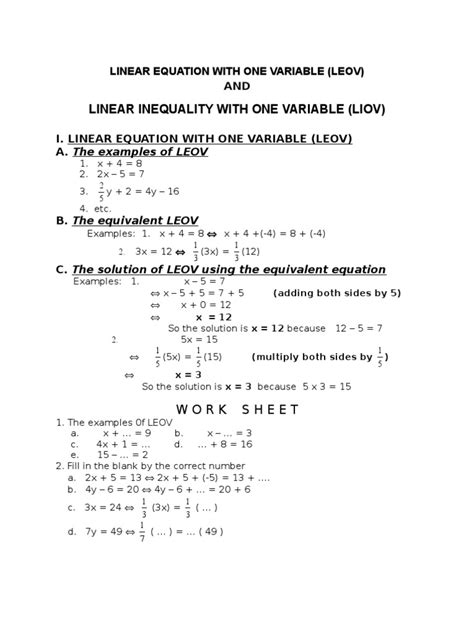 worksheet  linear equation   variable equations applied
