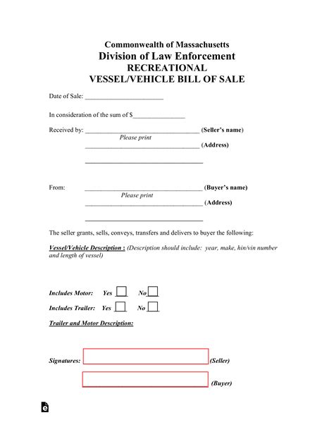free massachusetts vehicle boat bill of sale form pdf