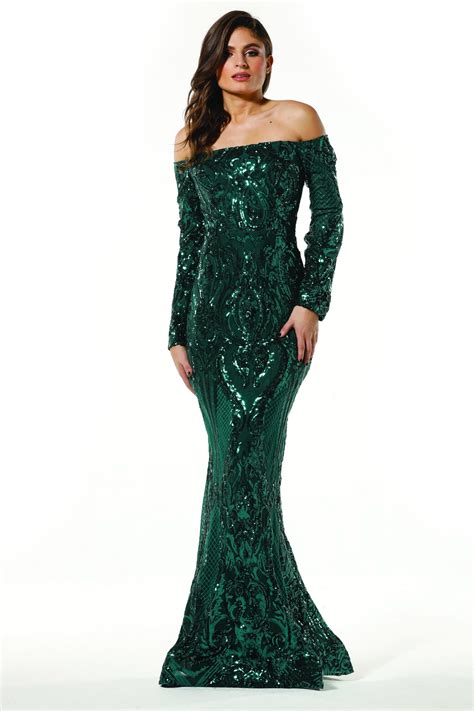 tinaholy couture  emerald green sequin  shoulder formal gown prom dress designer